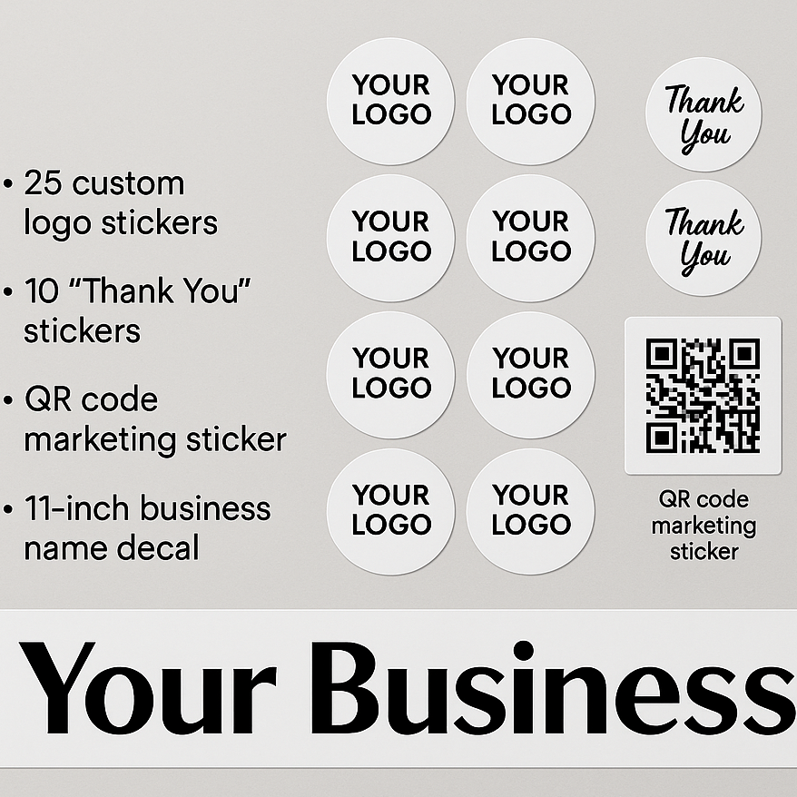 ✨ Small Business Branding Starter Kit – Custom Logo Stickers, Thank-You Stickers & 11” Business Name Decal – Sticky Chix ✨