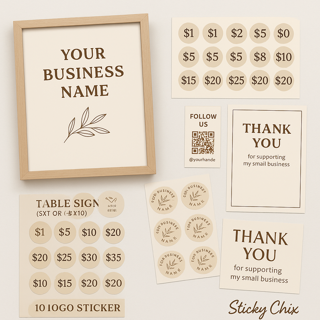 ✨ Small Business Vendor Event Kit – Table Sign, Pricing Stickers, Logo Stickers, Thank-You Cards – Sticky Chix ✨