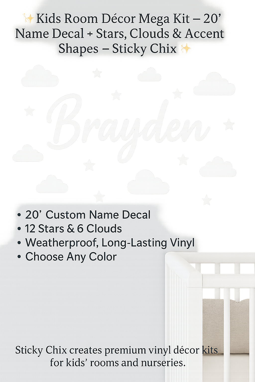 ✨ Kids Room Décor Mega Kit – 20” Name Decal + Stars, Clouds & Accent Shapes – Nursery Wall Vinyl Set – Sticky Chix ✨
