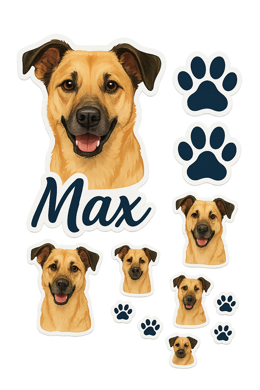 ✨ Personalized Pet Sticker Pack – Custom Pet Portrait + Name + Paw Prints – Full Color Waterproof Stickers – Sticky Chix ✨