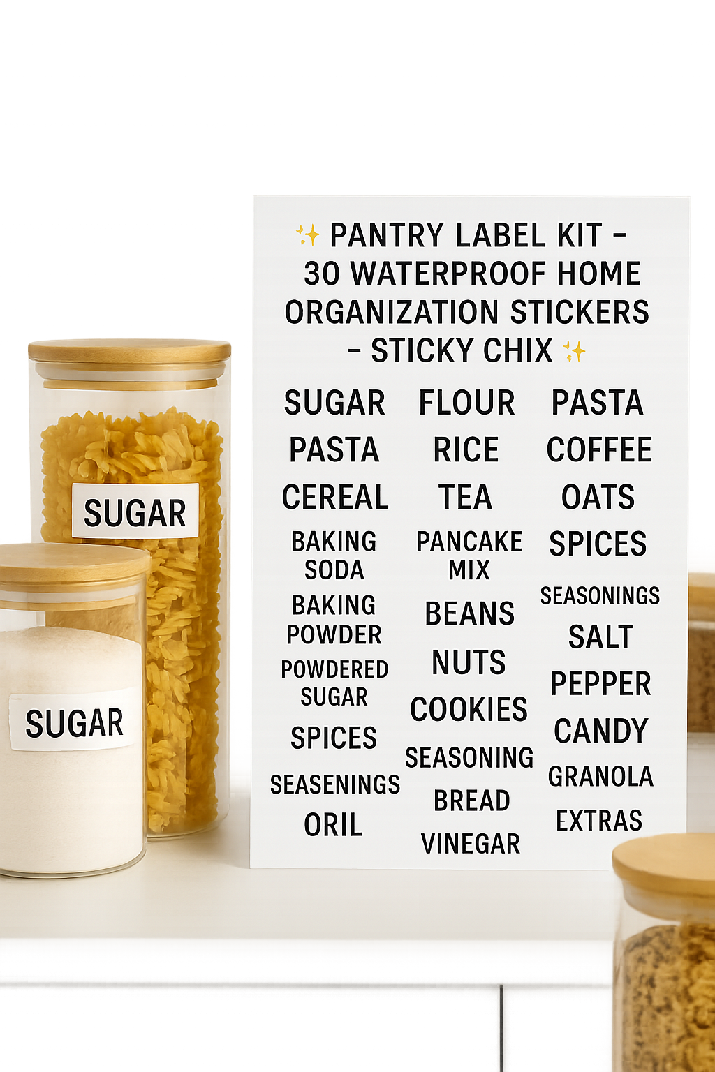 ✨ Pantry Label Kit – 30 Waterproof Home Organization Stickers – Kitchen Storage Labels – Sticky Chix ✨