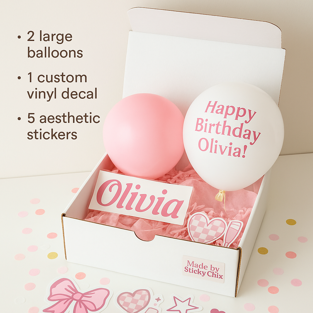 Custom Party Box – Personalized Balloon + Custom Vinyl Decal + Matching Sticker Pack – DIY Birthday Kit, Baby Shower, Events, Bachelorette Party Décor