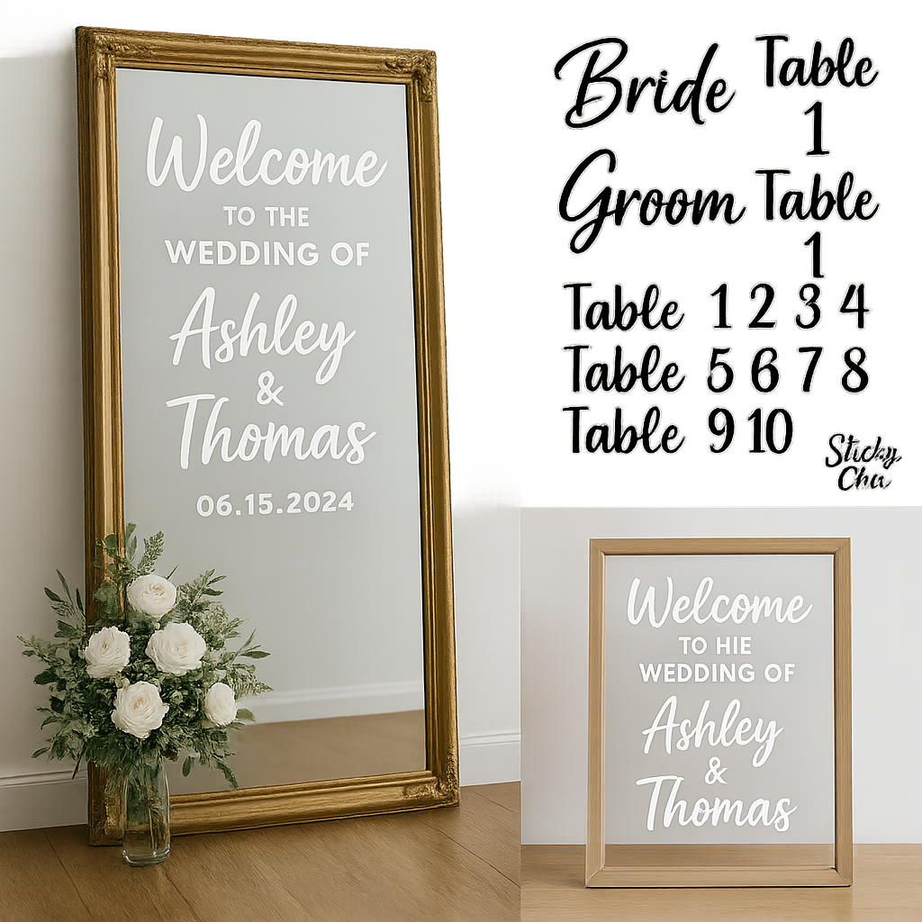 ✨ Custom Wedding Décor Vinyl Kit – Welcome Sign Decal, Bride & Groom Decals, Table Numbers – Sticky Chix ✨