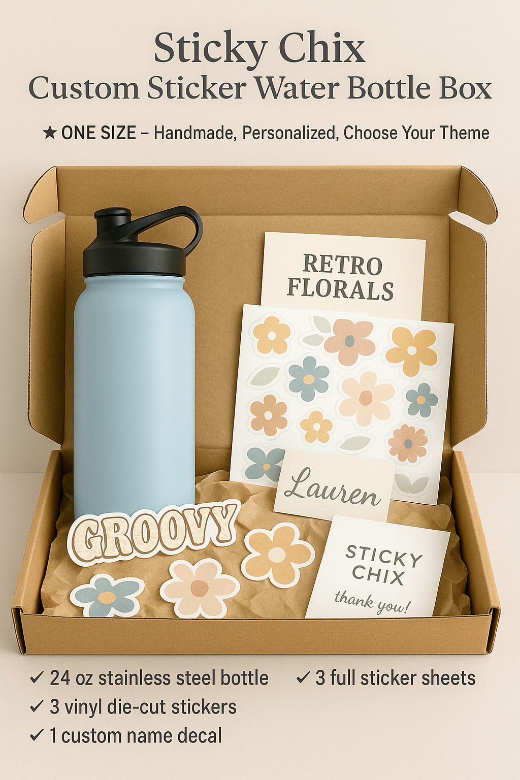 ✨ Sticky Chix Custom Sticker Water Bottle Box™ – ONE SIZE – Handmade, Personalized Gift Set ✨