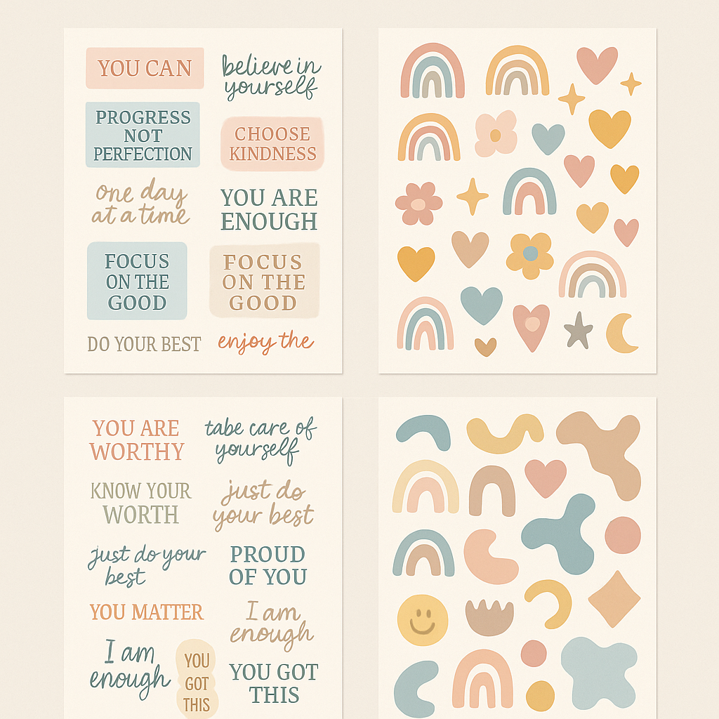 ✨ Motivational Sticker Sheet Bundle – 3 Aesthetic Waterproof Sticker Sheets – Positive Quotes & Cute Doodles – Sticky Chix ✨