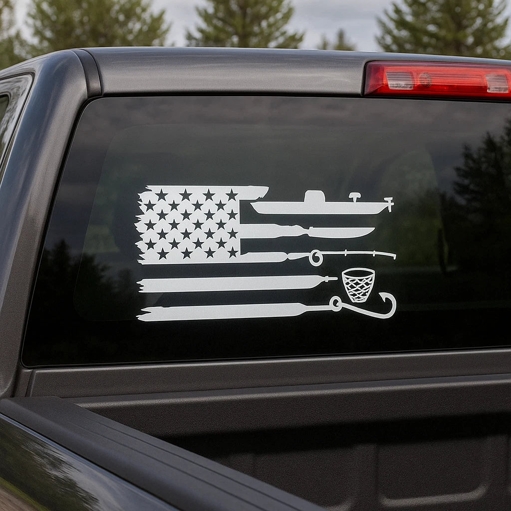 ✨ 8" American Fish Vinyl Sticker – USA Flag Fishing Decal for Car/Truck Window & Bumper – Any Color – Sticky Chix ✨